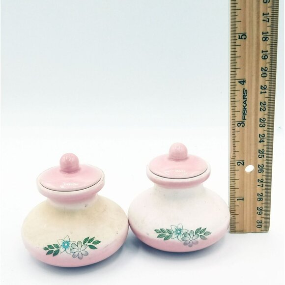 Vanity Jars Porcelain Vintage Pink White Pottery Lids Flowers 2 Inch Miniature - Picture 2 of 15